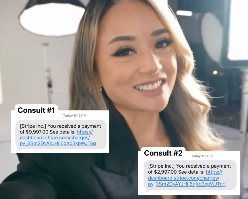Tawny smiling in the studio beside two Stripe payment notes from consults